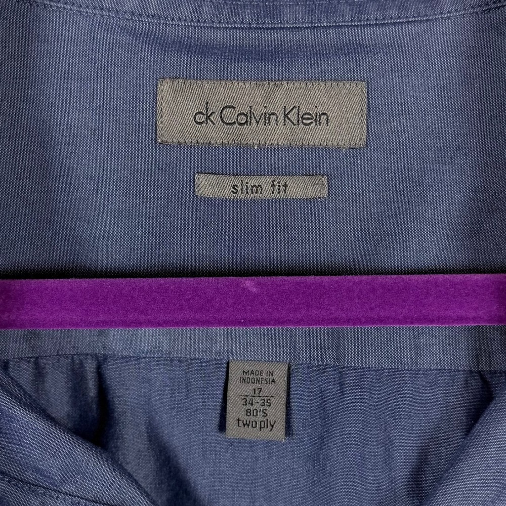 Calvin Klein Mens Dress Shirt LotX2 Slim Fit White Navy Blue 17 34/35 Preppy - Picture 3 of 16